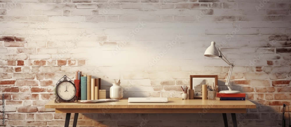 Poster a bird's eye view of a cozy and nostalgic work area featuring office supplies and an empty space for