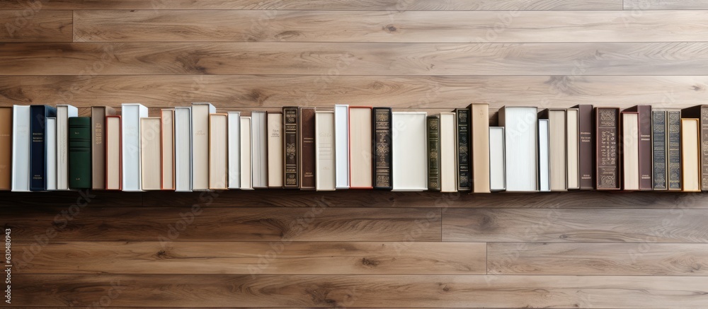 Aufkleber Different books placed on a wooden floor with a brown wood parquet background. empty space available for writing or inscriptions. This setup is a back to school idea and the books are spread around.
