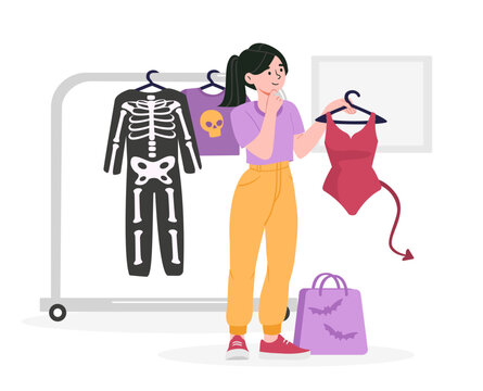 Young girl buy costume concept. Kid with clothes for Halloween. Holiday of fear and horror. Child with red swimsuit with tail. Skeleton or devil image for masquerade. Cartoon flat vector illustration