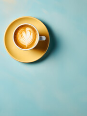 Cup of cappuccino on pastel blue background with copy space. 