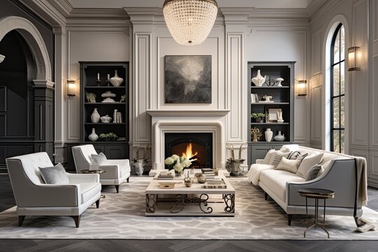 Gorgeous living room in a luxury home designed in a modern yet classic style. Highlights include tall ceilings, a cozy fireplace with a crackling fire, and sophisticated furniture. The image displays
