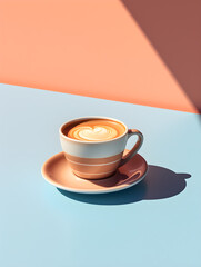 Cup of cappuccino on pastel pink and blue background. 