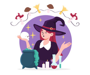 Magic witch with scull concept. Young girl with alchemy. Magic and sorcery, witchcraft. Woman with rope of mushrooms for potions. Cartoon flat vector illustration isolated on white background