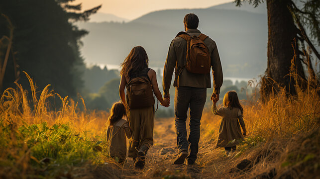 Happy Family walking on path with ocean background mother father children walking together 