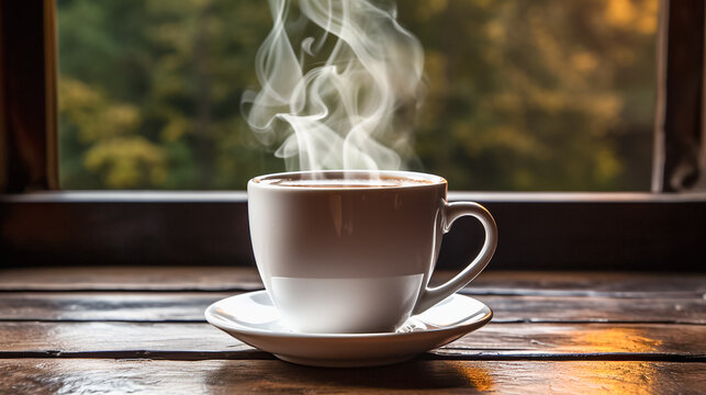 very hot cup of coffee, steaming, white cup of coffee on a wooden table.
