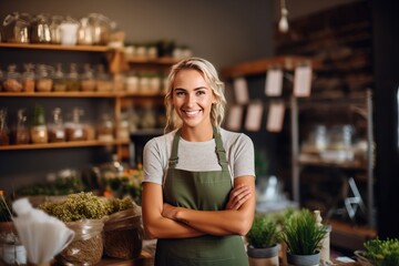 Portrait of smiling female florist standing with arms crossed in flower shop