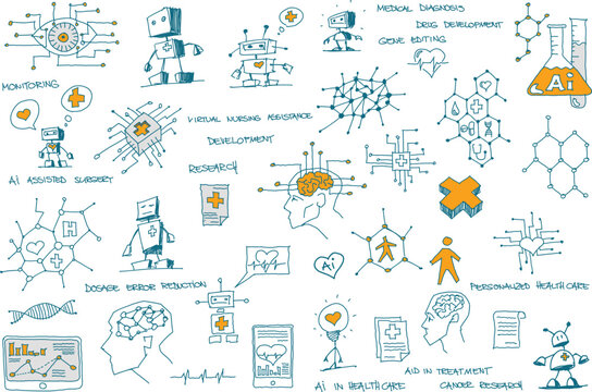hand drawn architectural sketches of artificial intelligence topics and robots and future and science topics related to healtcare and medical topics