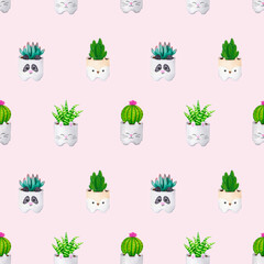 Seamless pattern with cacti and succulents in ceramic pots on a pink background. Watercolor botanical ornament for packaging, wrapping, stationery, fabric, textile. Festive, birthday design..