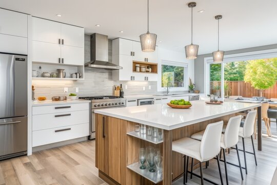 Gorgeous kitchen interior in a newly built luxurious house, adorned with white cabinets and wooden details, hanging lights, modern stainless steel appliances, and a spacious kitchen island. Includes a