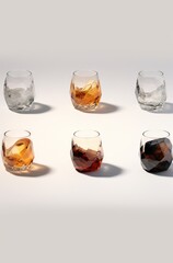 Glass of whiskey with ice cubes on white background.