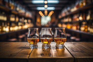 Flight of whiskey for tasting on a bar counter with a blurred background made with AI generative technology
