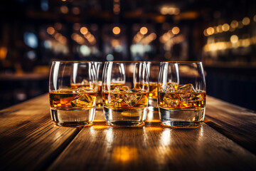 Flight of whiskey for tasting on a bar counter with a blurred background made with AI generative technology