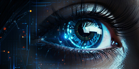 Close up of  woman's eye. Technology concept created with AI 