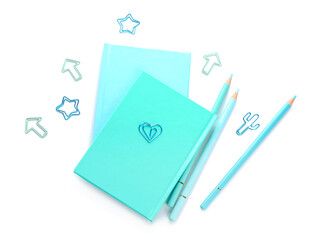 Notebooks and school stationery on white background