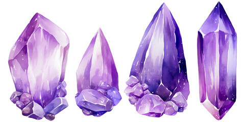 Set of violet purple watercolor amethyst crystals isoalted on transparent background - Generative AI