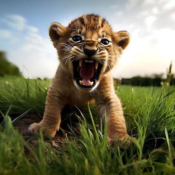 a young lion standing on top of a lush green field, he is angry, photographic stills, closeup of an adorable, r/aww, inspired by Frank Mason, arguing, large long pointy teeth, journalistic photography