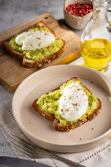 Wholemeal toast with avocado and poached egg.