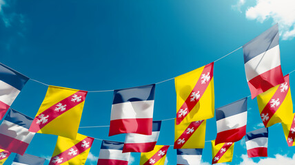 Flags of Lorraine - France against the sky, flags hanging vertically