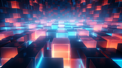 Glowing light digital cubes or boxes backdrop background made with AI generative technology