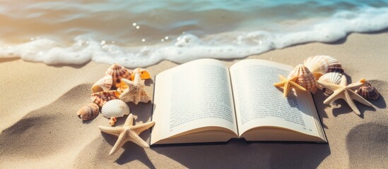 A writing book with summer beach accessories is pictured on a background, with copy space. There are no special symbols included.