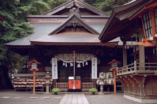 Exterior view of Arakura Fuji Sengen Jinja Shrine in Asama, Fujiyoshida, Yamanashi, Japan