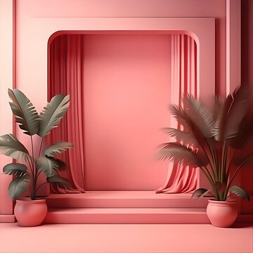 Abstract gradient pink studio background for product presentation. Empty room with shadows of window and flowers and palm leaves . 3d room with copy space. Summer concert. Blurred backdrop 