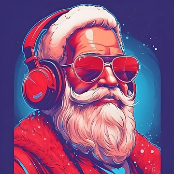 Cool Santa Claus is listening music in headphones