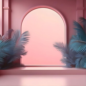 Abstract gradient pink studio background for product presentation. Empty room with shadows of window and flowers and palm leaves . 3d room with copy space. Summer concert. Blurred backdrop 