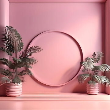 Abstract gradient pink studio background for product presentation. Empty room with shadows of window and flowers and palm leaves . 3d room with copy space. Summer concert. Blurred backdrop 