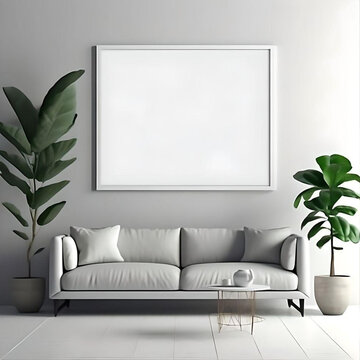 Blank horizontal poster frame mock up in minimal white style living room interior, modern living room interior background