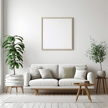 Blank horizontal poster frame mock up in minimal white style living room interior, modern living room interior background