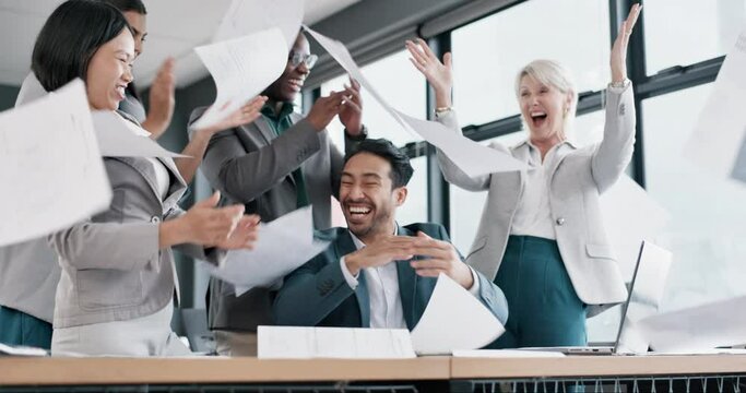 Corporate people throw papers in meeting success, winning or celebration of news, goals and clapping or applause. Winner team, business women and men achievement, wow and documents in air for sales