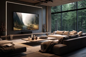 Contemporary indoor space featuring a state of the art entertainment system for watching movies at home.