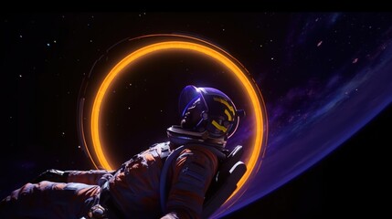 An astronaut floats near a portal that is eclipsed by a looming dark planet behind.