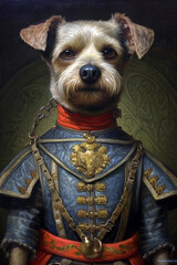 Simulation of a classic oil painting of a dog in military clothing old style