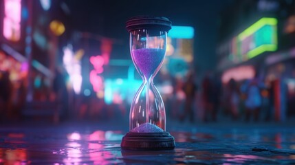 An hourglass in a futuristic cityscape. - obrazy, fototapety, plakaty
