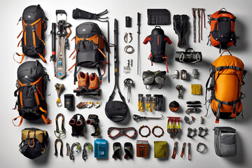Collection of trek and climb tools organized on a white background symmetric