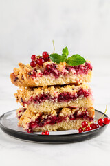 Red currant crumb squares bars. Berry summer pie. Selective focus
