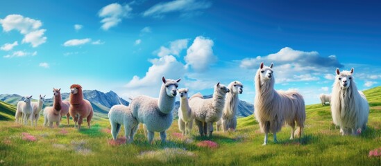 Llamas and horses are seen grazing on a grassy landscape under a sunny blue sky. empty space for adding text or images.