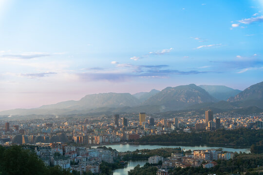 The city of Tirana under a beautiful light from the afternoon sun