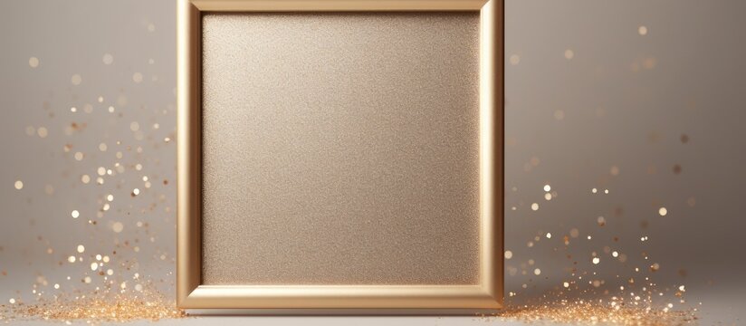 A frame with no picture on a textured beige-gray background with a shiny gold-brown glitter.