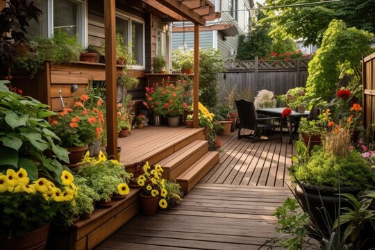 During the summer growing season, there is a backyard deck adorned with a garden and various plants in pots.