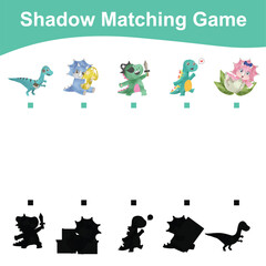 Find the correct shadow. Kids educational game. Cute dinosaurs theme. Vector illustration.