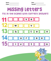 Missing letters worksheet. Complete the letters for number in English. Kids educational game. Printable worksheet for preschool. Writing practice. Vector file.