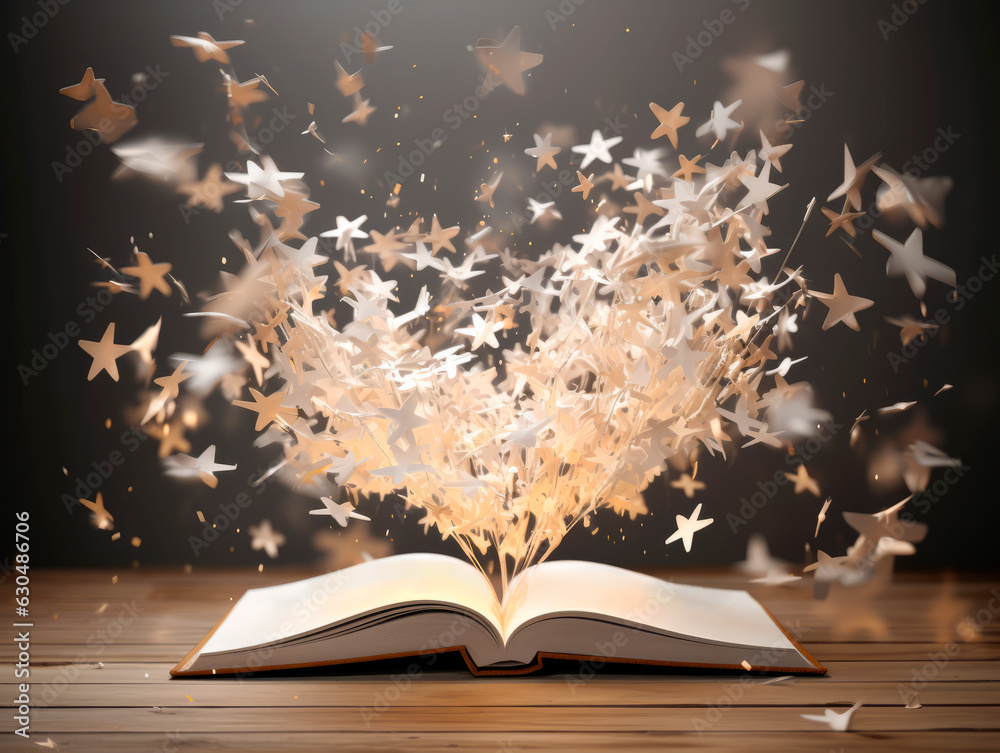 Poster open book with flying stars and bokeh on wooden deck. generative ai