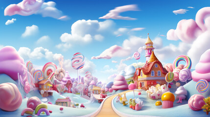 landscape made out of candy canes and other sweets 3d cartoon style made with generative AI