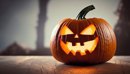 Halloween pumpkin on a wooden table, halloween background, Generative AI