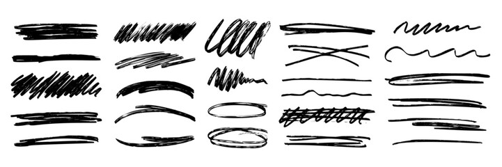 Charcoal marker grunge rough underline handrawn brushstrokes. Bold charcoal freehand stripes and paint shapes. Crayon or marker doodle scribbles. Vector illustration of horizontal emphasis, scrawl.