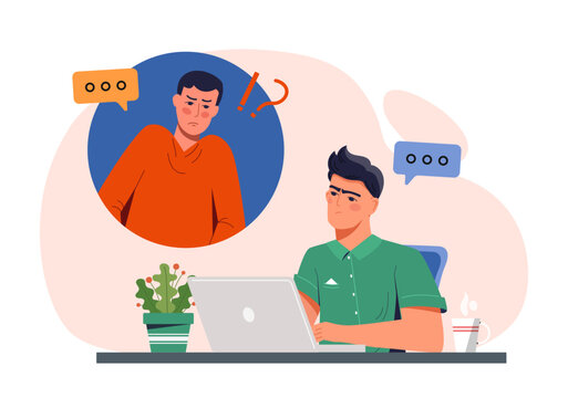 Bullying on internet concept. Hate in social networks and messengers. Young guy in depression near laptop. Emotional pressure and stress, frustration. Cartoon flat vector illustration