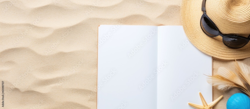 Poster flat lay image with a blank writing book and various summer beach accessories in the background. has